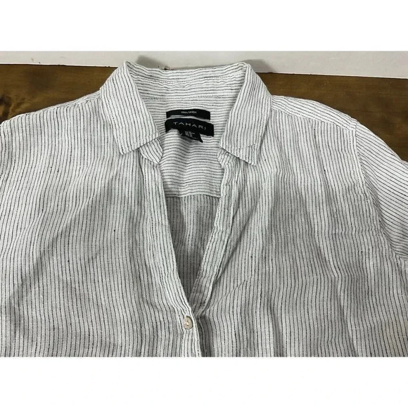 TAHARI Size Medium Black Striped 100% LINEN Button Front Top Women’s - Picture 3 of 10